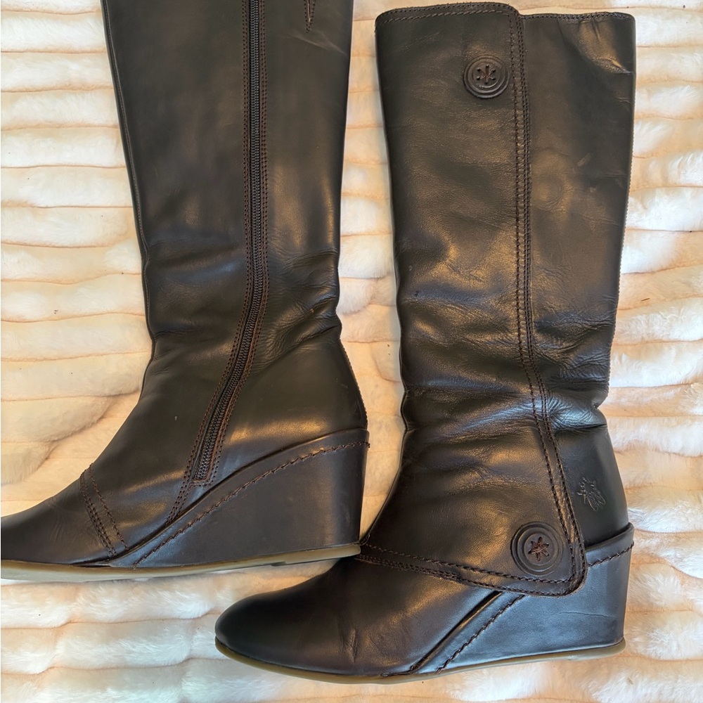 Fly London Dark Brown Leather Wedge Boots